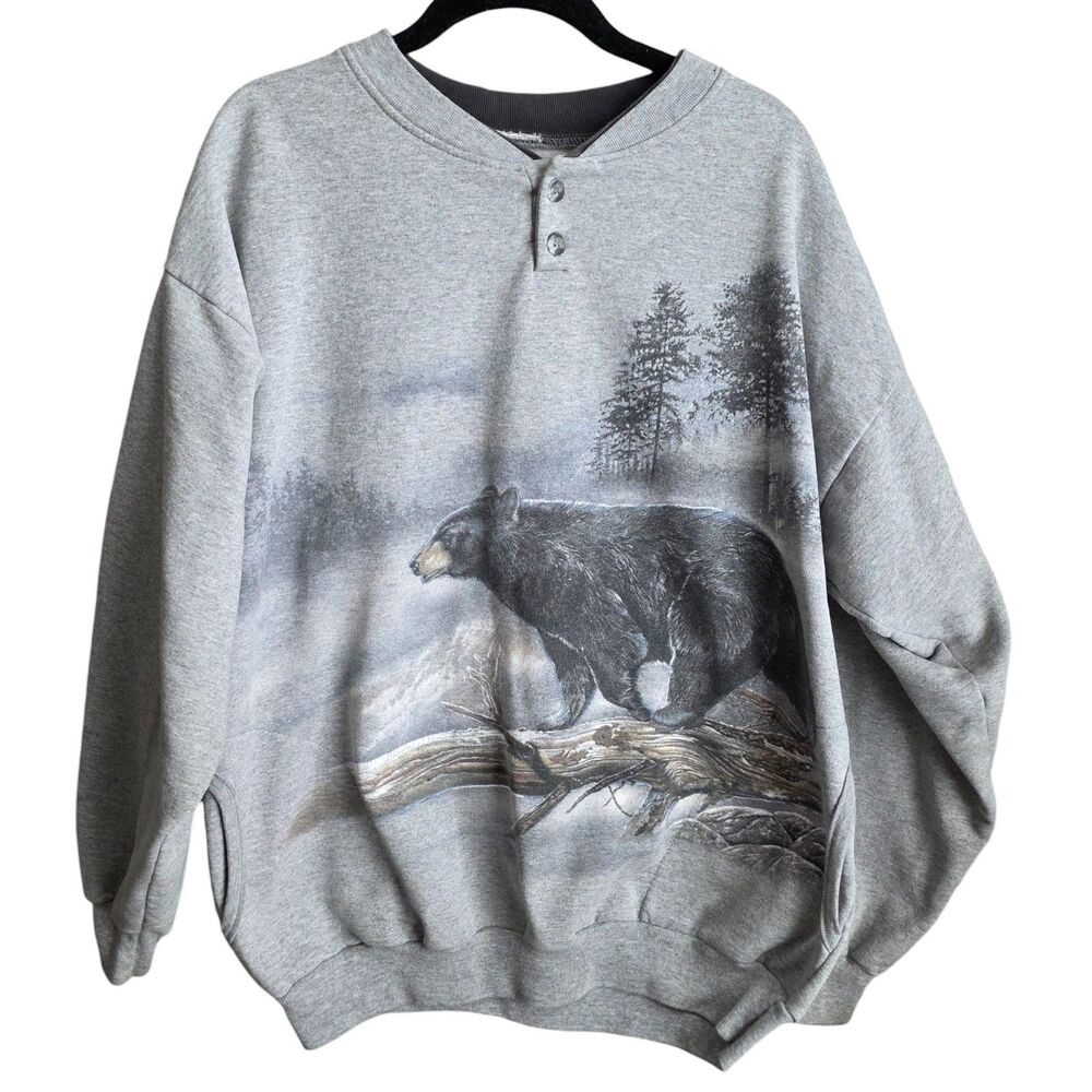 Vintage 90s Artisan Men's Bear AOP Graphic Gray Sweatshirt Pockets Sz XL? *READ*